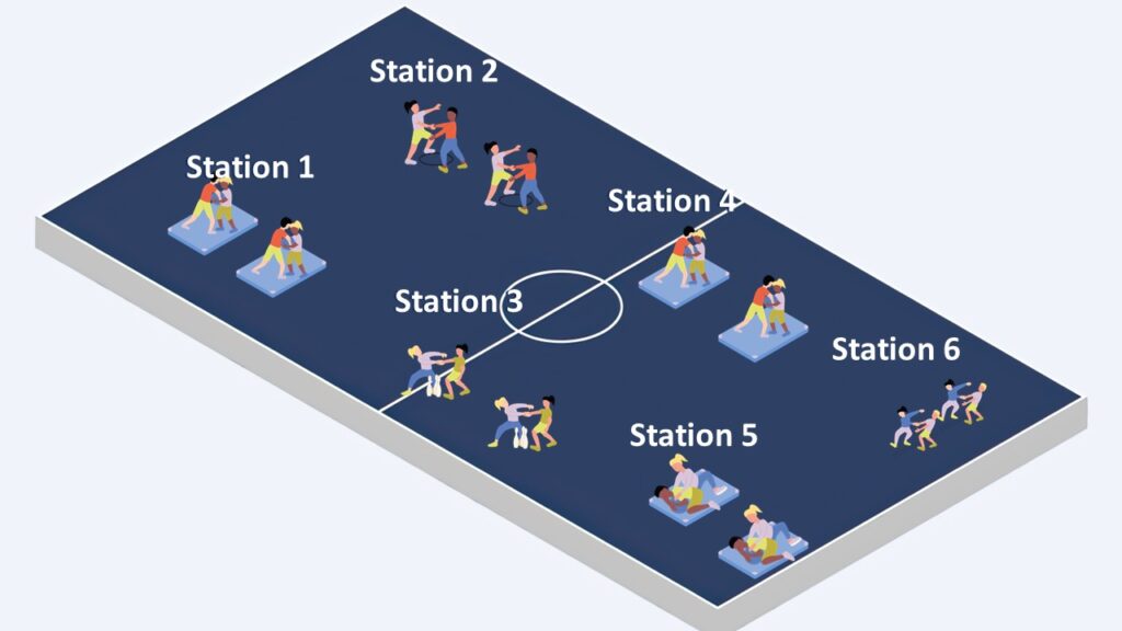 Hallenaufbau mit sechs Stationen für Zieh- und Schiebekämpfe.